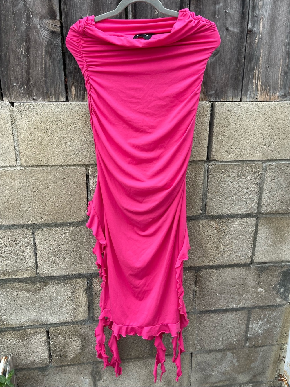 Bershka Fuchsia Pink Strapless Ruffled Midi Dress Y2K Size L - Picture 2 of 10